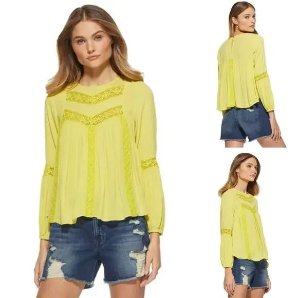 SCOOP Peasant Blouse Top w/ Crochet Trim Canary Yellow Boho Festival XS - Picture 3 of 12